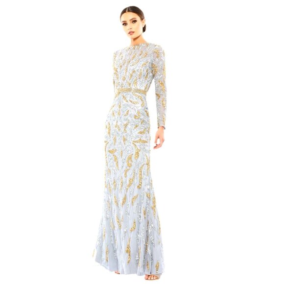 NEW! Mac Duggal Platinum Silver Gold Paisley Beaded Long Sleeve Gown SZ 6 - Picture 1 of 11
